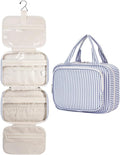 Narwey Striped Hanging Toiletry Bag for Women Travel Makeup Bag Organizer Toiletries Bag for Travel Size Essentials Accessories Cosmetics (Greyish Blue Stripe (Medium)) by Narwey