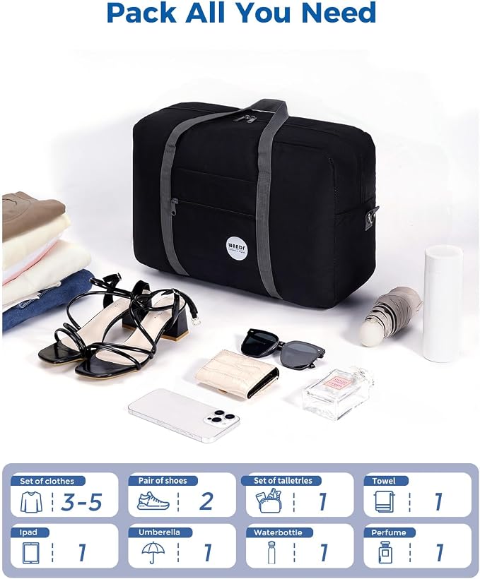 WANDF Personal Item Travel Bag, Carry On Duffle Bag Women | 18x14x8 inches, Airline Underseat Aprroved, Weekend Overnight Trips, Lightweight Packable - Image 5