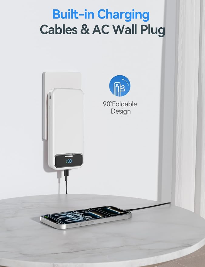 aonidi Portable Charger 20000mAh with Built-in Cables&AC Wall Plug, White | PD20W Fast Charging,Travel Essential,TSA Approved,LED Display,All in One USB C Power Bank for All Cell Phones Devices - Image 4