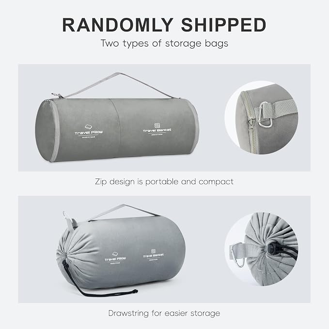 urnexttour Travel Pillow and Blanket Set Neck Pillow Airplane Memory Grey | 43x60 Inch Plane Blanket, Traveling Compact Storage Bag, Eye Mask, and Earplugs for Ultimate Flight Comfort, Women and Men - Image 2
