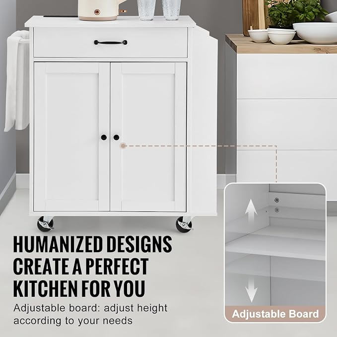VEVOR Kitchen Island Cart, 32" Mobile Carts with Storage Cabinet, Rolling Table with Power Outlet, Spice Rack, Towel Bar, Adjustable Shelf, Drawer, Dining Living Room Portable Islands on Wheels, White - Image 6