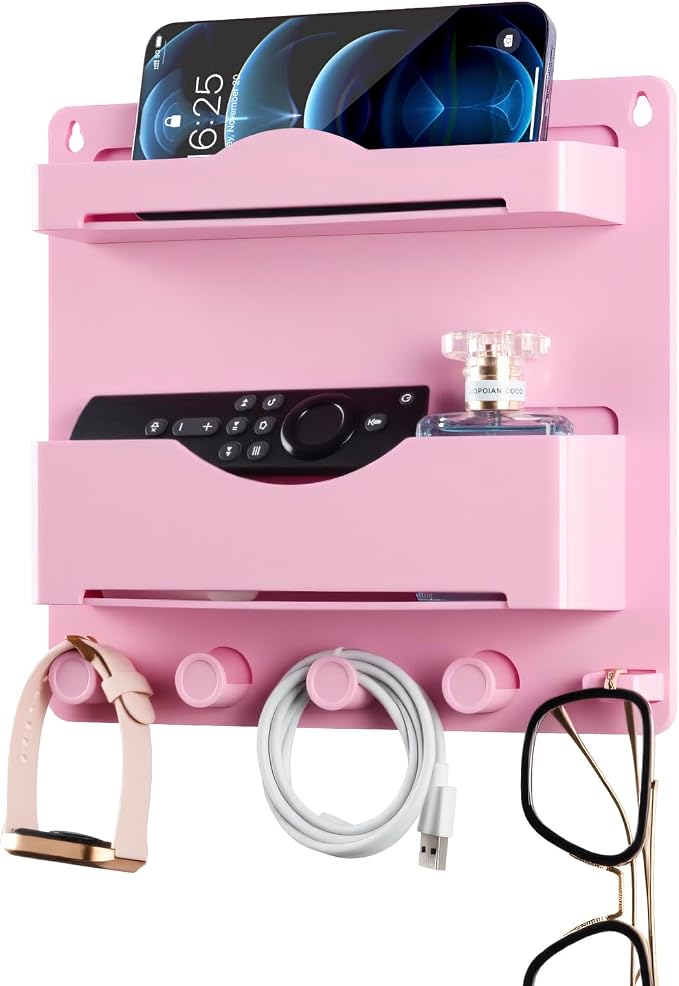 Pink Bedside Shelf Organizer - Wall Mount Phone Holder with Glasses Hook & 50 Motivational Stickers for Girls Bedroom Dorm Decor - Image 4