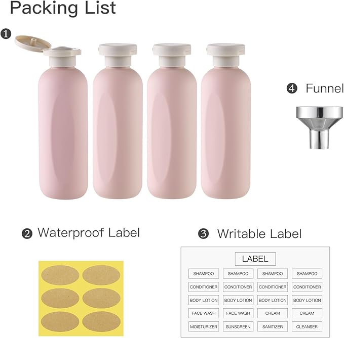 Empty Shampoo Bottles 6.7oz, Pink Flip Cap Refillable Plastic, 4 Pack Set | Toiletry containers for conditioner, big large size squeeze bottles, body wash lotion dispenser, toiletries leakproof liquid - Image 5
