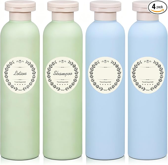 METAPACK 4Pack 8.8oz Travel Shampoo Bottles with Labels, Refillable Travel Bottles, Flip Top Squeeze Bottles, Portable Plastic Toiletry Containers for Lotion, Conditioner & Body Wash(green, blue) by METAPACK