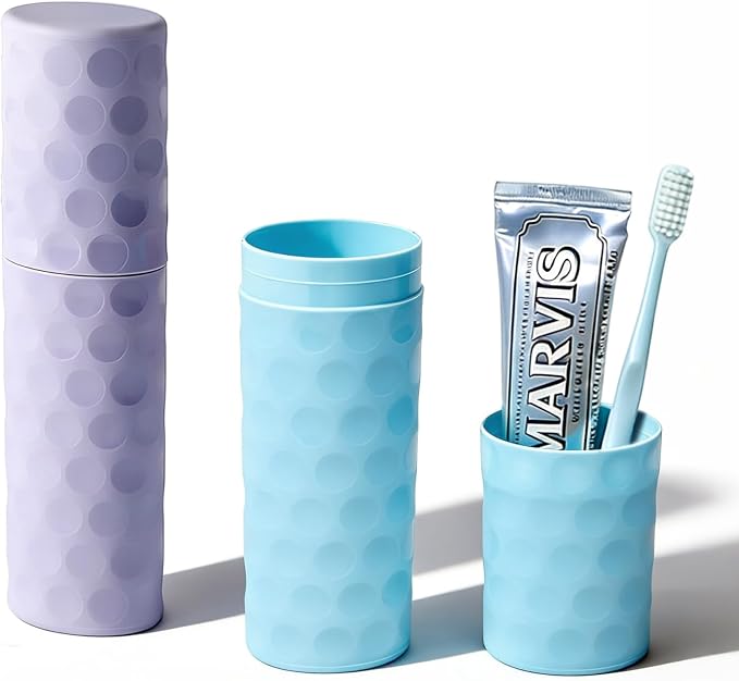 2Pcs Travel Toothbrush Case, Portable Couple Travel Toothbrush Holder with Dot,Toothpaste Container for Home, Travel, Business, Camping, School, 8.1x2.2x1.6 (Purple+Blue) by Fehnag