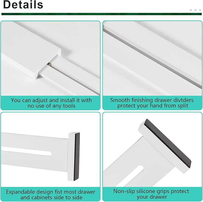 4 Pack Bamboo Drawer Dividers 2.6" High, Adjustable from 12 Inch to 17 Inch | Expandable Kitchen Drawer Organizer Separators for Clothes, Kitchen, Bedroom, Dresser, Office (White) - Image 9