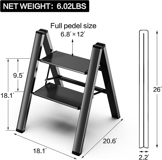 2 Step Ladder, Folding Step Stool with Anti-Slip Wide Pedal | Lightweight, Aluminum Material, 330LBS Load, Portable, Easy Storage, Space Saving, for Kitchen, Bedroom Use, Black - Image 5