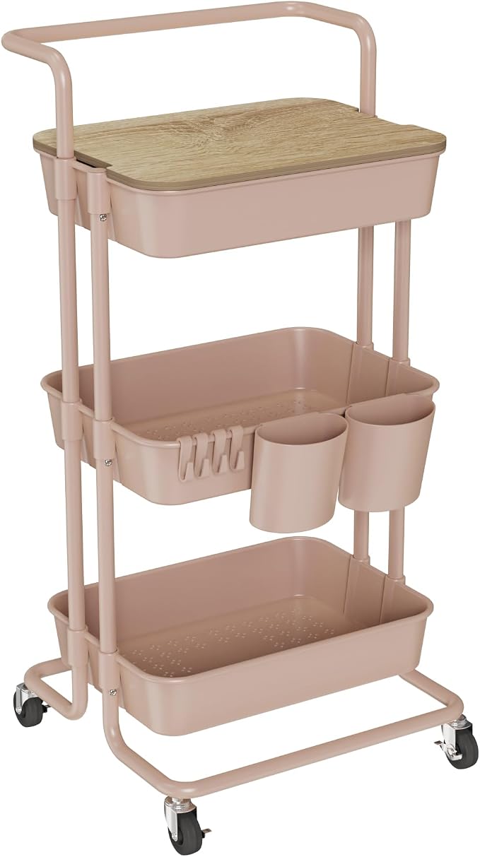 DTK 3 Tier Rolling Utility Cart with Cover Top Board, Movable Kitchen Storage Cart Trolley with Lockable Wheels, Cups, Hooks for Kitchen Bathroom Home Office Art Craft Storage and Organization(Pink) by DTK
