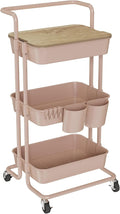 DTK 3 Tier Rolling Utility Cart with Cover Top Board, Movable Kitchen Storage Cart Trolley with Lockable Wheels, Cups, Hooks for Kitchen Bathroom Home Office Art Craft Storage and Organization(Pink) by DTK