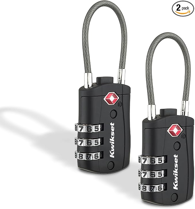Kwikset TSA Approved Combination Luggage Lock with Cable, 2-Pack, Black | Pair of Cable Locks for Checked Bags and Carry-Ons; Resettable Code, TSA Inspectors Can Relock by Unknown