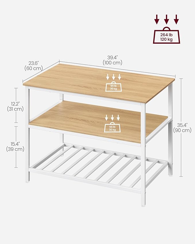 VASAGLE Kitchen Island with 3 Shelves, 39.4 Inches Width Kitchen Shelf with Large Worktop, Stable Steel Structure, Industrial, Easy to Assemble, Oak Color and White UKKI005W09 - Image 3