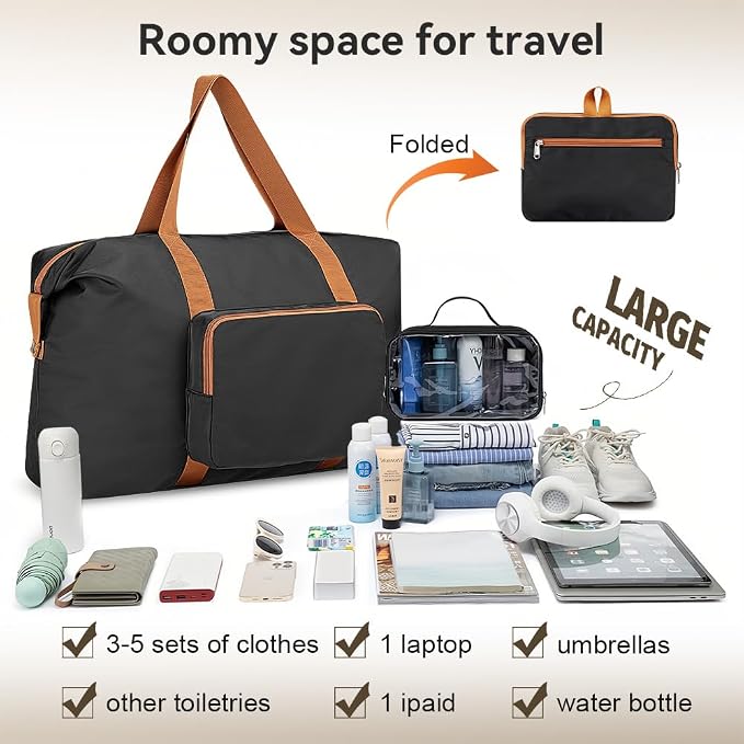 Travel Duffel Bag 60L Large Tote Carry On Foldable, Black-Brown | Carry On Duffel Bag for Women Men, Foldable Bags for Travel, Hospital Bag for Labor and Delivery, Weekender Overnight Bag - Image 3