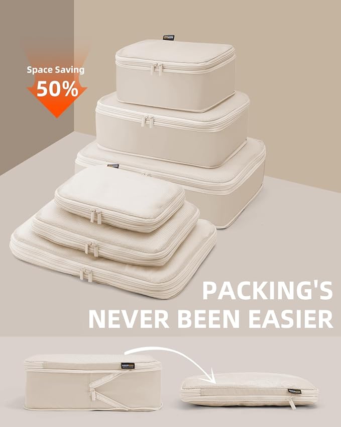 Compression Packing Cubes for Travel, 6-Piece Set (Large/Medium/Small), Double-Zip Luggage Organizers for Suitcase & Carry-On, Clothes Storage Bags (Cream White, 6 Pack) - Image 2