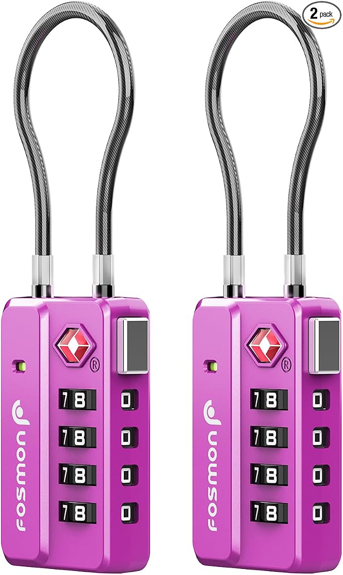 Fosmon TSA Approved Luggage Locks, 4 Digit Combination Cable Travel Lock for Suitcase & Backpack, Heavy Duty Metal Body Padlock with Open Alert Indicator (Purple, 2 Pack) by Fosmon