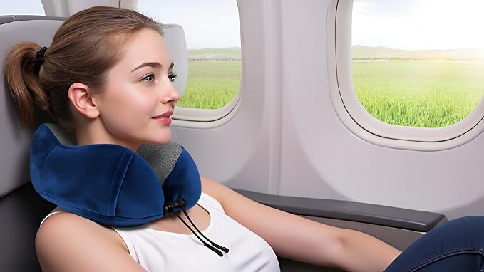 Airplane Travel Neck Pillow, 100% Memory Foam Ergonomic Neck Support, Airplanes Neck Pillow with Washable Cover Travel Essential for Flight Car & Office Includes Eye Masks, Earplugs & Carry Bag (Blue) - Image 9