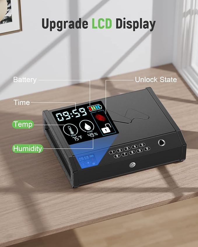 Gun Safe, Biometric Safes for Pistols with LCD Display of Time Battery, Fingerprint Quick Access Handgun Safe Pistol Bedside, Nightstand, Car, 2 Capacity - Image 2