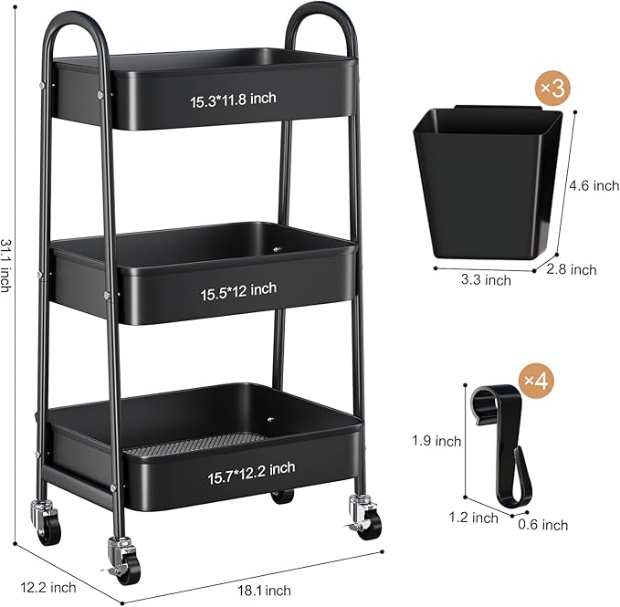 3 Tier Metal Rolling Cart with Lockable Wheels,Black Three Tiered Art Carts | Utility Storage Organizer Caddy on Wheels for Bathroom, Kitchen, Laundry, Garage, Office, Paint,Craft, Baby,Diaper,Snack,Book - Image 9