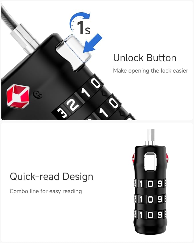 LUGGEX 4 Pack TSA Locks for Luggage, Luggage Locks TSA Approved | Suitcase Locks in Gift Box, Ultra-Light 33g Combination Cable Locks, Easy-Read Dials for Suitcase Backpack Gym, Black-Silver - Image 5