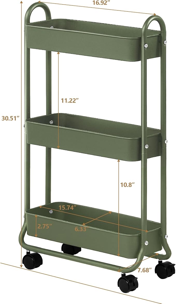SunnyPoint Slim Rolling Storage Cart, 3 Tier Bathroom Storage Organizer Bathroom, Laundry Utility Cart (Army) - Image 6