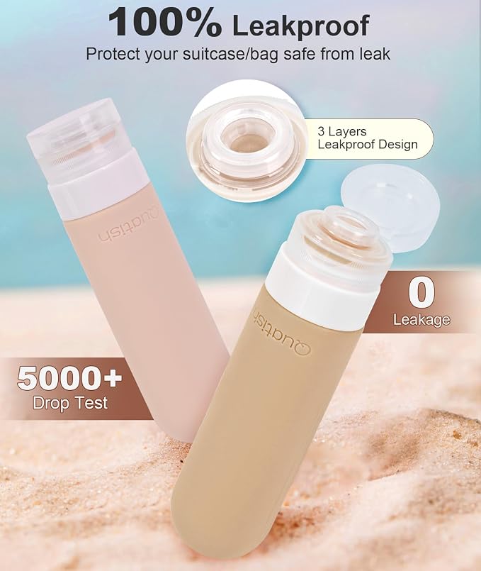 Quatish Travel Bottles for Toiletries, Original Patented Leak Proof Travel Size Containers, 3 oz Tsa Approved Silicone Shampoo and Conditioner Bottles, 4 Pack, Brown - Image 3