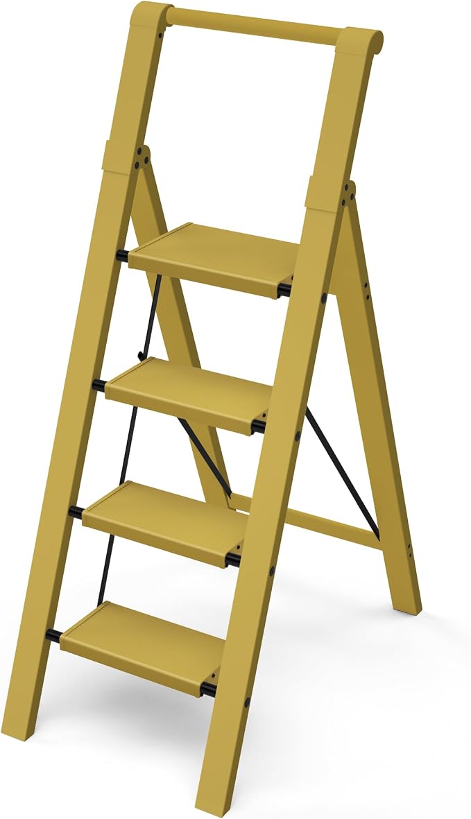 Taranta 4 Step Ladder,Aluminum Step Stool Foldable-Twilight Yellow | Lightweight Folding Ladder with Convenient Handgrip,Wide Top Pedal,330lbs Capacity Stepladder for Home,Office,Kitchen by TARANTA