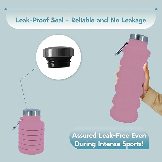 Collapsible Water Bottles 17oz, Odorless BPA-Free Silicone, Leak-Proof Foldable Reusable Bottle - Perfect for Travel Sports Gym Hiking Camping Cycling - Pink - Image 5