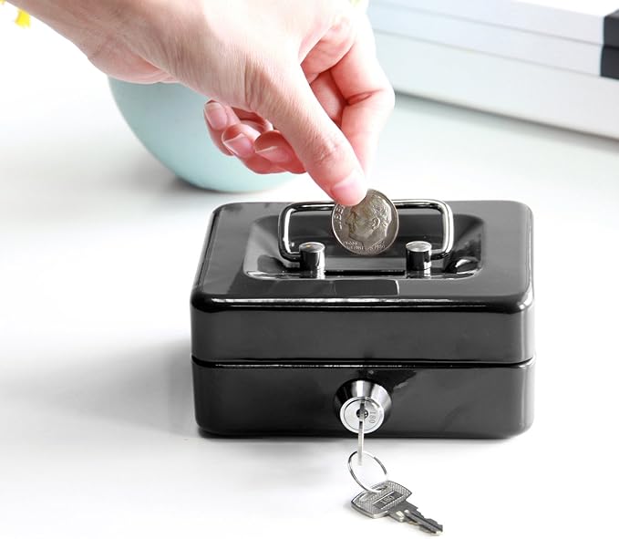 Small Cash Box with Lock and Slot - Jssmst Metal Coin Bank Small Lock Box, Black(SMCB0301N) - Image 3