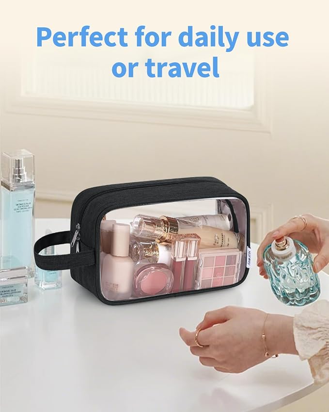 Narwey Clear Travel Toiletry Bags for Traveling Toiletries Men Women, Clear Makeup Bag Cosmetic Bag with Zipper, Make Up Pouch Organizer Bag with Handle, Skincare Beach Snack Medicine Bag, Black - Image 8
