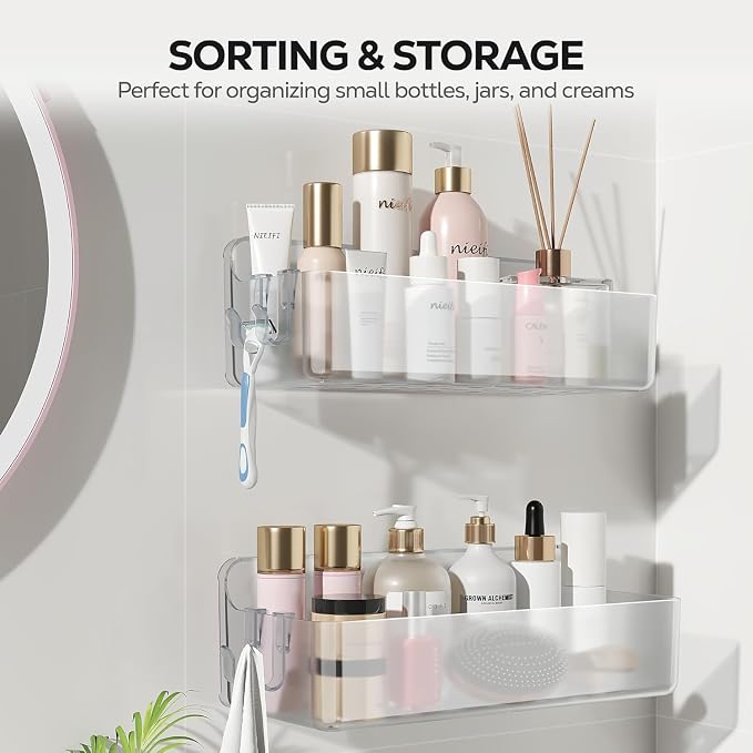 Nieifi Adhesive Shower Shelves, Clear, 2 Pieces | Rustproof ABS, Large Capacity, Removable Design, Easy-Clean, No Drilling Shower Organizer for Bathroom Storage & Home Decor - Image 9
