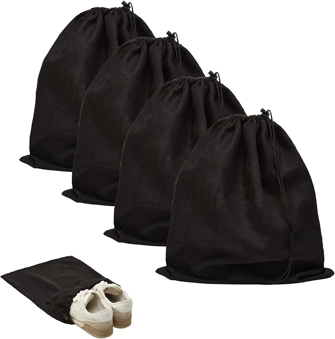 4 Pcs Travel Shoe Bags for Packing with Drawstring,17.7" x 13.8",Black | Dust Resistant,Machine Washable & Reusable Storage Pouch,Drawstring Closure,Travel Essentials for Women & Men by LAKEOFFIRE
