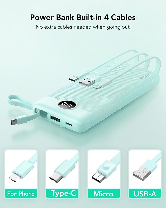 VRURC Power Bank with Built-in Cables,USB C Portable Charger for iPhone | 10000mAh Slim Charging Bank with Lanyard, Perfect for Travel, Work, School and Daily Carry-Green - Image 2