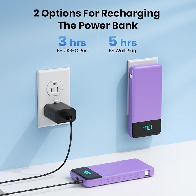Portable Charger for iPhone,13800mAh Slim Power Bank with Built-in Cables & AC Wall Plug,All in One 4 Outputs USB C Fast Charging Battery Pack for iPhone 17/16/15/14,Android,Travel Essential (Purple) - Image 6
