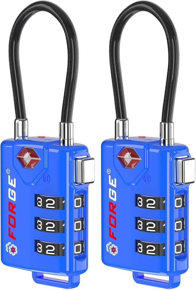 Bright Colors, TSA Approved Cable Luggage Locks 2 Pack Blue, Re-settable Combination with Alloy Body by Forge