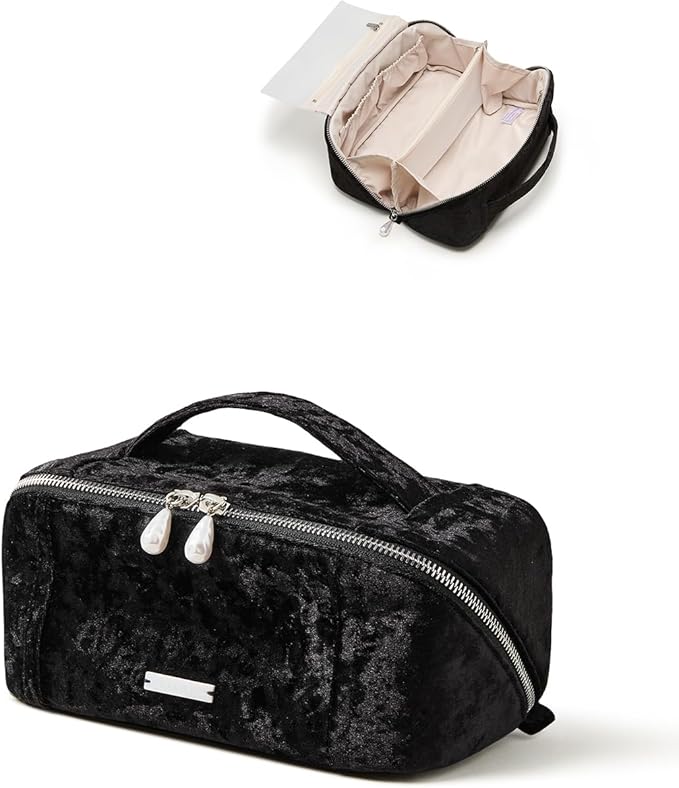 EACHY Velvet Travel Makeup Bag for Women, Flat Open Cosmetic Organizer | Velvet cosmetic organizer with two clear TPU brush pockets and extra storage for makeup, toiletries and travel essentials by EACHY
