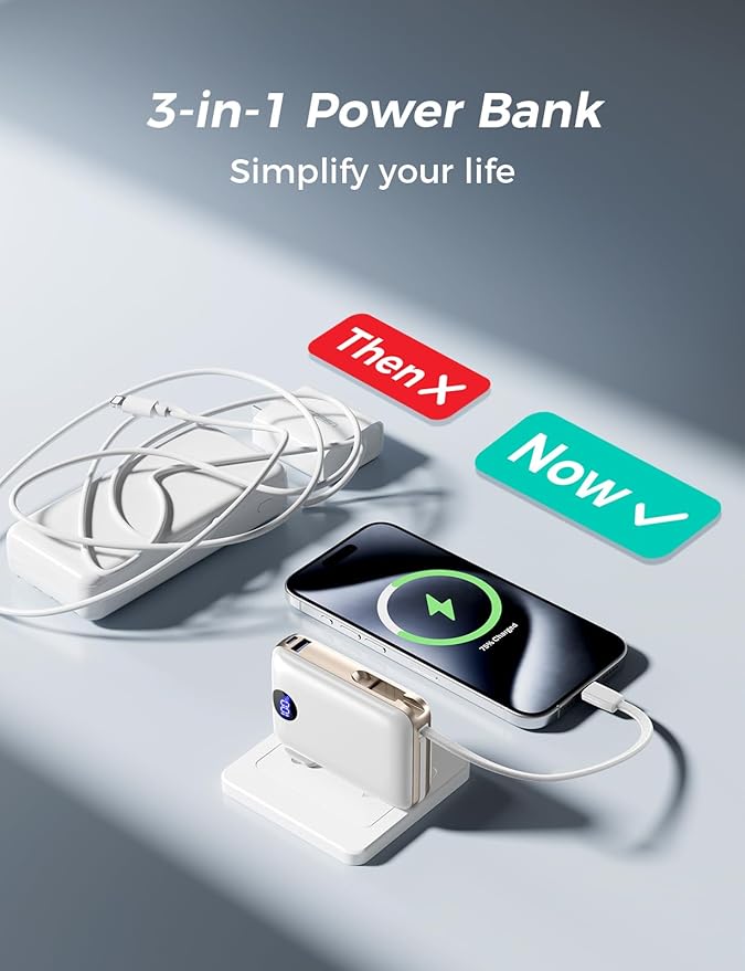 Portable Charger Power Bank 10000mAh,Built-in Cables & AC Plug | Built-in Cables & AC Plug, 22.5W Fast Charging, 4-Device Charging, Travel Essential, for iPhone, iPad & Samsung Galaxy, White - Image 2