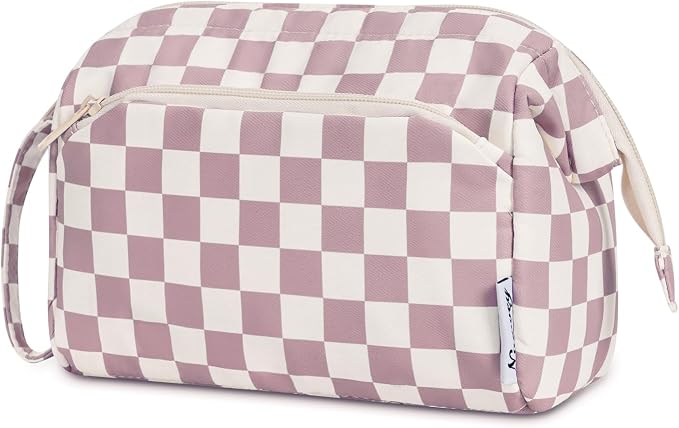 Narwey Checkered Makeup Bag Women Wide-open Make up Bag Travel Cosmetic Bag Organizer Toiletry Bag for Cosmetics Toiletries Accessories (Dusty Rose Checkerboard) by Narwey