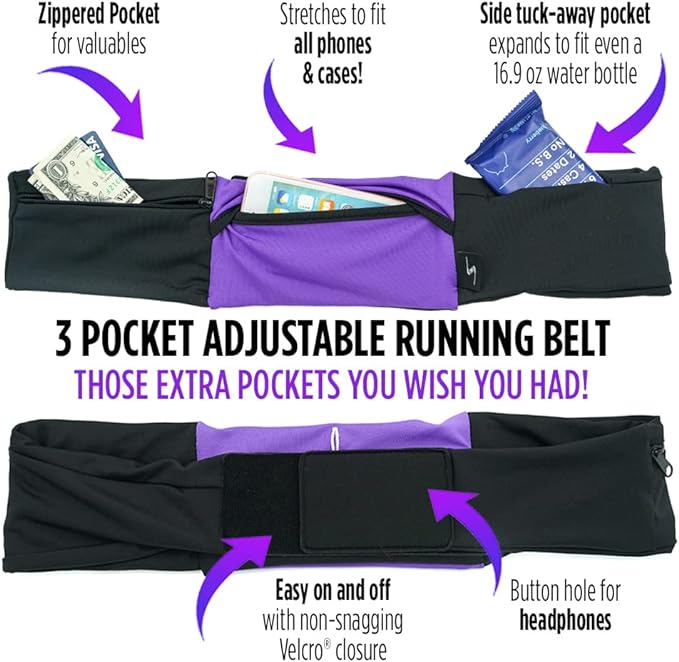 3 Pocket Adjustable Running Belt Waist Pack, Fanny Pack For Working Out With Sweat Resistant Backing, Holds All iPhone Models - Image 4