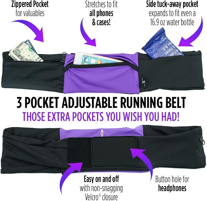 3 Pocket Adjustable Running Belt Waist Pack, Fanny Pack For Working Out With Sweat Resistant Backing, Holds All iPhone Models - Image 5