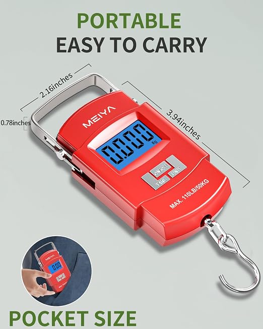 MEIYA Fish Scale 110lb Portable Luggage Scale Travel Digital Hanging Scale with Hook, Fishing Gifts for Men, Weighing Tool for Suitcases & Fish, Includes 2 AAA Batteries, Backlit LCD Display (Red) - Image 4