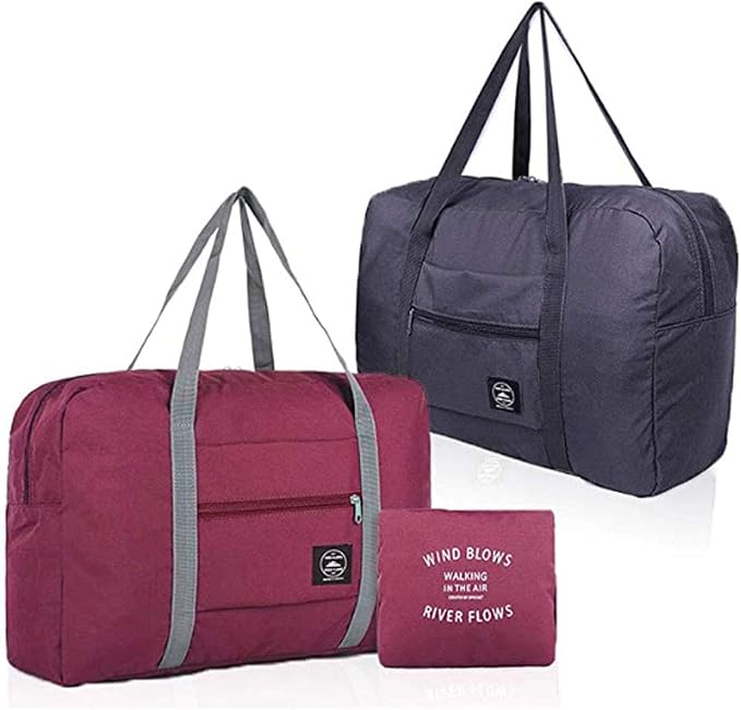 2 Pack Foldable Travel Bag Waterproof Travel Duffel Bag,Women Ladies Man Canvas Weekender Bag Overnight Carry-on Tote Duffel in Trolley Handle (Black&Rred)… by K+Y+KANGYUN