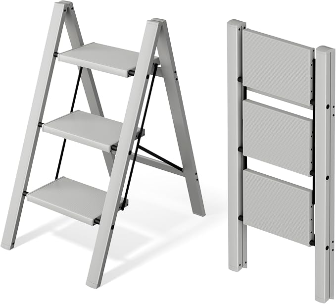 Mayi Plus 3 Step Stool Foldable, Aluminum, Lightweight Step Ladder | Extra-wide anti-slip folding steps with 330 lbs, for home,kitchen,office,outdoor,Grey by MAYIPLUS