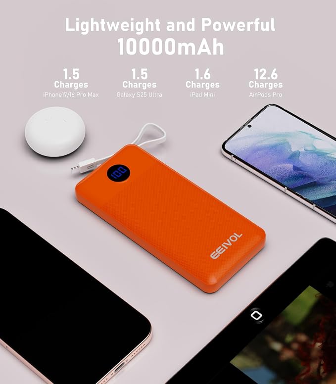 Portable Charger with Built in Cables, Slim 10000mAh Power Bank, USB C Battery Pack Travel, 4 Output 2 Input External Charging Bank for iPhone 17/16/15/14/13,Samsung, Android, etc-Orange(1 Pack) - Image 8