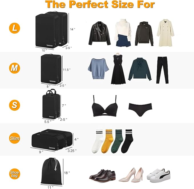 Compression Packing Cubes, Lumesner 8 Set Travel Packing Cubes for Carry on Suitcases, Compression Suitcase Organizers Bag Set & Travel Cubes (8-piece, Black) - Image 2