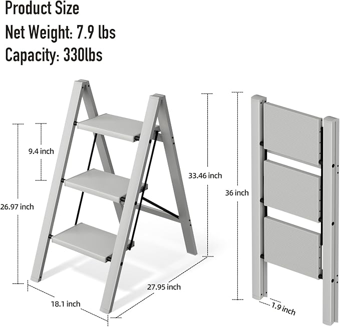 Mayi Plus 3 Step Stool Foldable, Aluminum, Lightweight Step Ladder | Extra-wide anti-slip folding steps with 330 lbs, for home,kitchen,office,outdoor,Grey - Image 6
