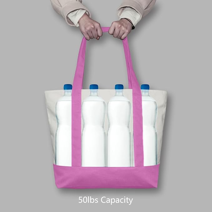 TOPDesign 6-Pack Canvas Tote Bags with an External Pocket, Reusable Grocery Shopping Bags, Top Zipper Closure, Daily Essentials (Light Purple/Natural) - Image 6
