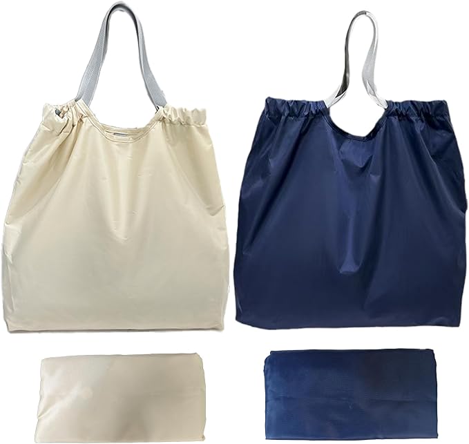 2 PC Foldable Reusable Shopping Bags - 210D Nylon Waterproof Grocery Tote Bag with Drawstring Mouth & Reinforced Handle by XKE-X