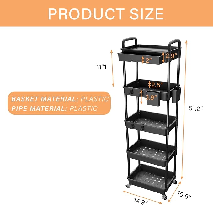 5 Tier Rolling Utility Cart with Drawer,REBECAT Utility Cart Made of Multifunctional Storage Organizer Tool for Kitchen,Bathroom,Living Room,Office(Black) - Image 5