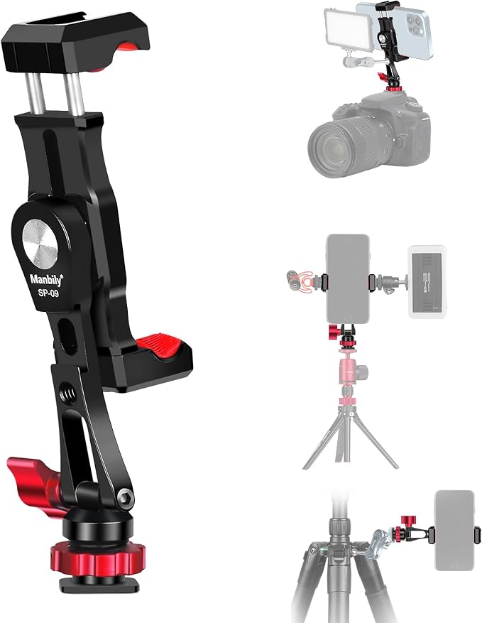 Phone Tripod Mount, Metal Smartphone Mount Adapter Camera Hot Shoe Mount, 360° Swivel 180° Flip Adjustable Phone Holder for Microphone LED Light（SP-09 by Manbily