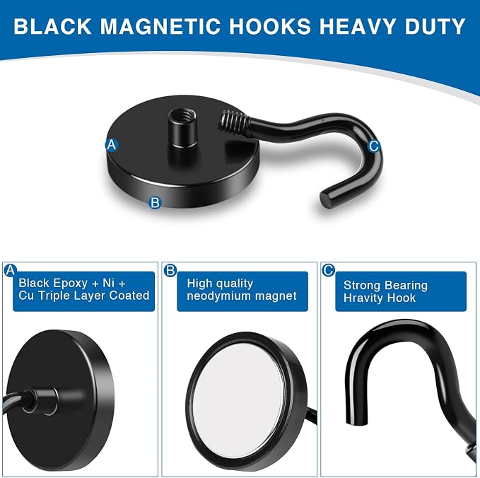 LOVIMAG Magnetic Hooks for Cruise Cabins, 50LBS, 6 Pack | Heavy Duty Neodymium Magnet with Hook Essentials for Classroom, Fridge, Ceiling, Hanger, Black - Image 4