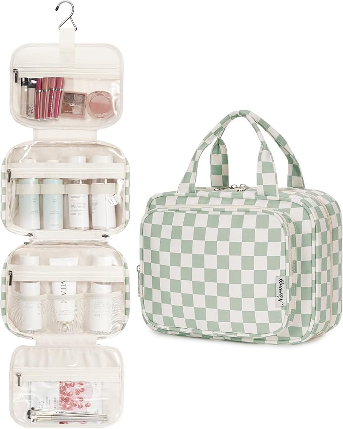 Narwey Hanging Toiletry Bag for Women Travel Checkered Makeup Bag Organizer Toiletries Bag for Travel Size Essentials, Accessories, Brushes, Cosmetics (Green Checkerboard (Medium)) - Image 2